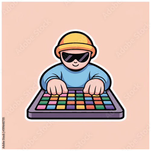 Man Wearing Sunglasses and Hat Playing Music Production Device.