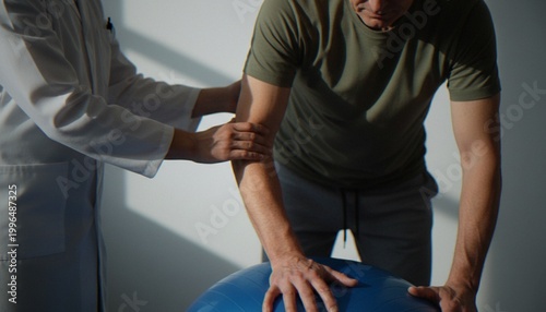 A close-up shot of a physical therapist guiding a patient through an exercise using a blue stability ball during a rehabilitation session.