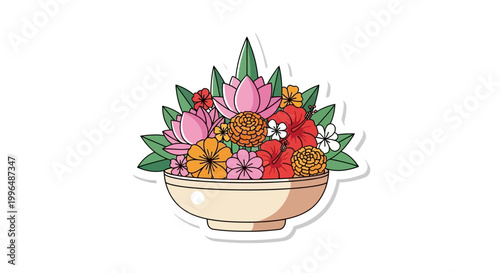 Vibrant Exotic Flower Arrangement in Bowl, Tropical Flora Illustration, Decorative Design