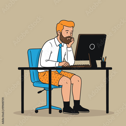 Vector graphic illustration of Businessman working on computer in casual office setting, vector illustration of man in shorts and tie, remote work concept Vector