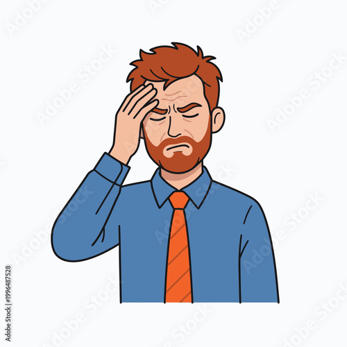 Vector graphic illustration of Stressed businessman with headache, frustrated office worker with hand on forehead, pixel art style, blue shirt, orange tie, white background Vector