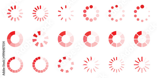 Set of red loading spinner and circular progress bar indicators isolated on transparent background