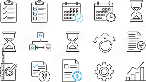 Task management productivity and workflow planning line icon set with checklist calendar deadline process optimization business analytics vector collection