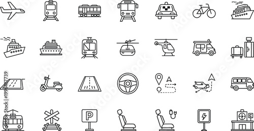 Transportation outline icon set travel vehicle airport railway taxi bicycle ship navigation mobility thin line vector collection