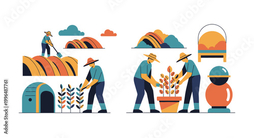 Flat vector illustration of farmers working in fields and gardening