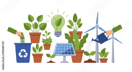 Flat vector illustration of green energy and sustainability concepts