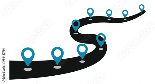 Winding black road path with blue map location pins on a clean isolated on transparent background
