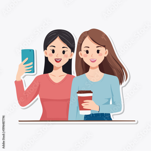 Two young women taking a selfie and holding a coffee cup