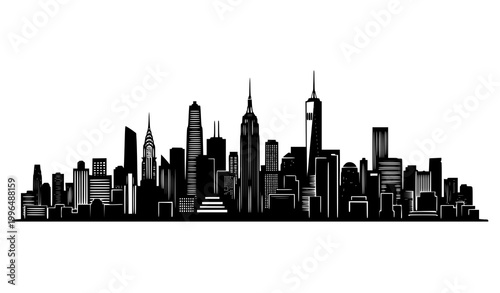 New York City skyline black silhouette vector with iconic skyscrapers panoramic urban illustration