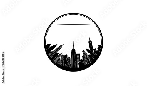 Canvas Print New York City skyline silhouette badge vector with iconic buildings black white
