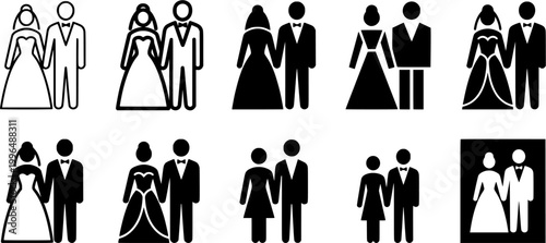 Collection of wedding and celebration icons including arch, bride groom, guestbook, dinner table, and candles for event invitation and decor needs.
