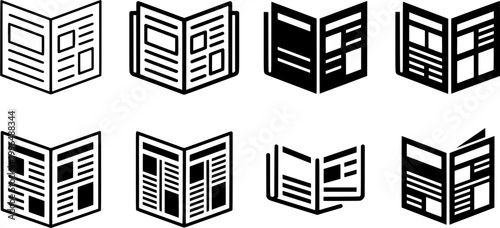 Open newspaper outline sketch showing layered pages with news content sections and text, symbolizing journalism, current events, and communication media for various projects.