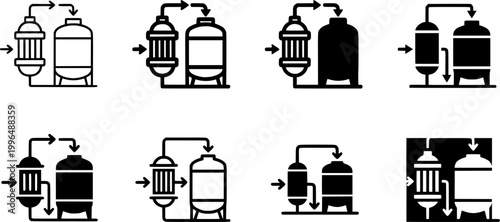 Collection of water treatment and purification process icons representing industrial facilities, chemical dosing, filtration systems, and environmental monitoring for technical diagrams