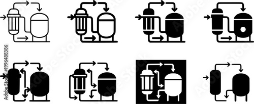 Collection of water treatment and purification process icons representing industrial facilities, chemical dosing, filtration systems, and environmental monitoring for technical diagrams