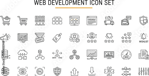 Web development outline icon set coding interface ecommerce SEO analytics security cloud database programming thin line vector collection technology
