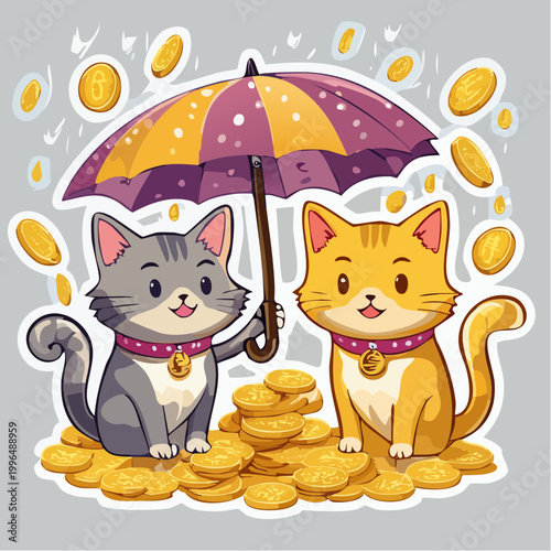 Two cute cats under an umbrella with falling coins