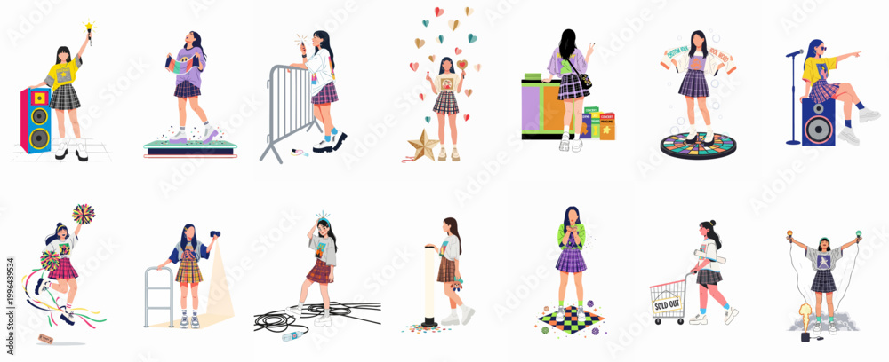 Fototapeta premium A collection of diverse young female fans enjoying a music concert, cheering with light sticks, taking photos, and buying merchandise in flat vector style.