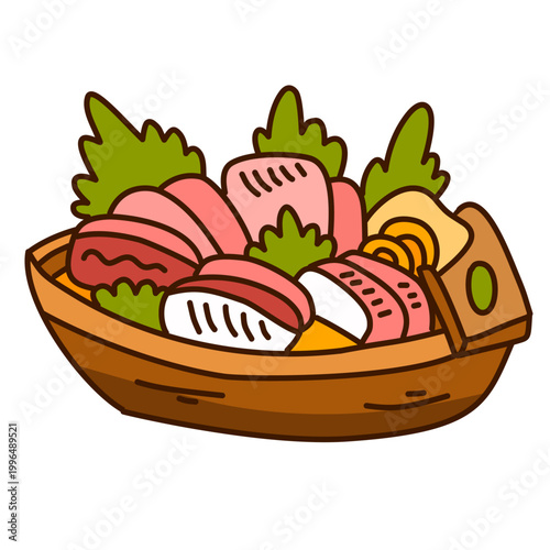 Wooden boat platter filled with various fresh sashimi and green leafy garnish