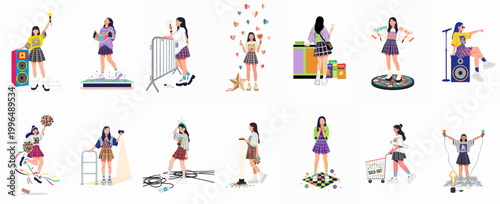 Foto A collection of diverse young female fans enjoying a music concert, cheering with light sticks, taking photos, and buying merchandise in flat vector style