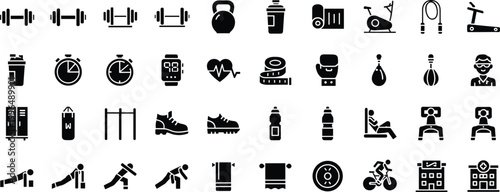 Gym workout equipment and fitness training silhouette icon collection featuring exercise activity healthy lifestyle sport gym tools vector icon set