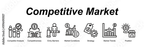 Competitive Market banner web icon vector illustration concept with an icon of Competitor Analysis, Competitiveness, Entry Barriers, Market Conditions, Strategy, Market Trends, Position 