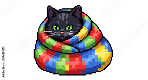 Pixel Art Black Cat Wrapped in Colorful Blanket.