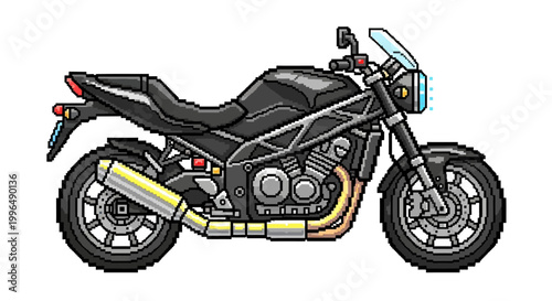 Pixel Art Black Motorcycle Side View Illustration.