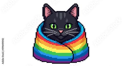 Pixel Art Black Cat Wrapped in Rainbow Blanket.