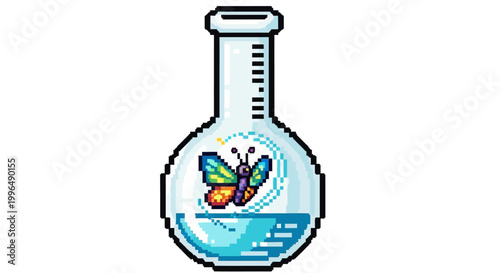 Pixel Art Butterfly Inside a Laboratory Flask.