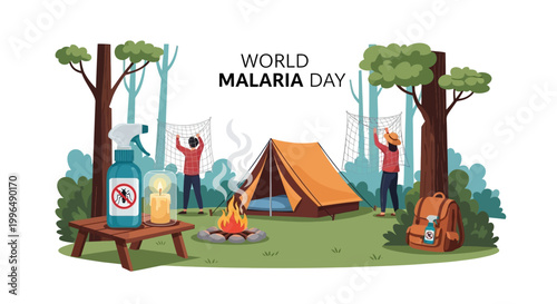 On World Malaria Day, a vector illustration depicts people setting up mosquito nets at a campsite near a forest and a bottle of insect repellent on a table, promoting global health