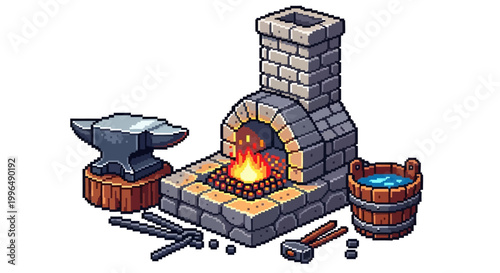 Pixel Art Blacksmith Forge with Tools and Anvil.