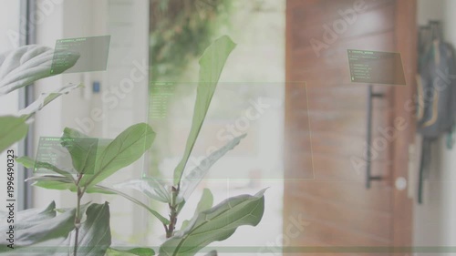 Control pad activating green AR UI on glass, sliding over plant leaves and settling for smart-home