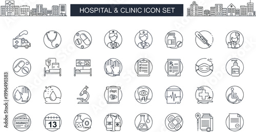 Hospital clinic healthcare medical treatment outline icon set patient care emergency equipment diagnostics pharmacy insurance rehabilitation vector collection