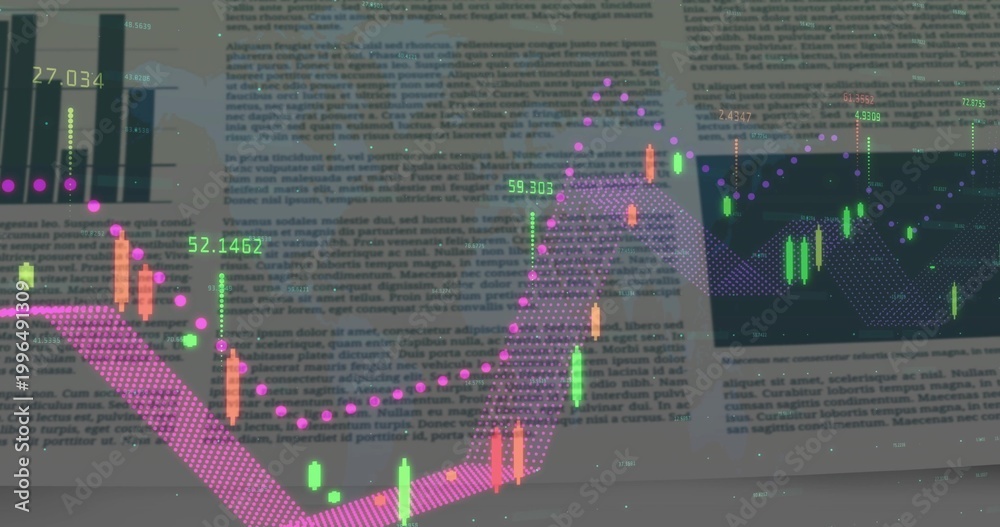 Fototapeta premium Displaying candlestick chart on blurred report, showing magenta ribbon and purple dotted trendline