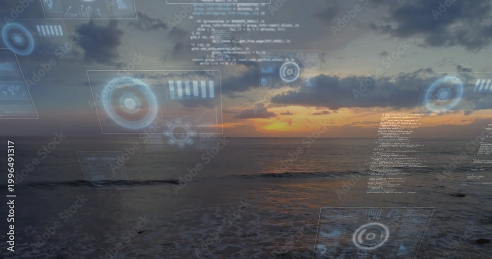 Fototapeta premium Displaying coastal seascape showing sun reflecting on ocean horizon at sunset, with HUD panels