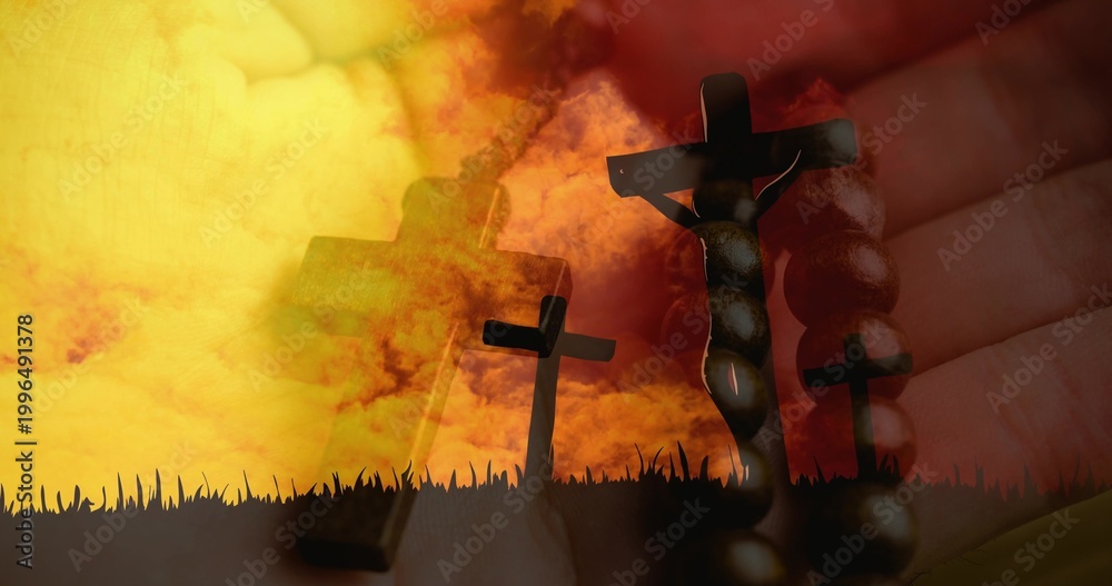 Fototapeta premium Holding handheld rosary and crucifix resting on palm at grassy horizon, with three shadowed crosses
