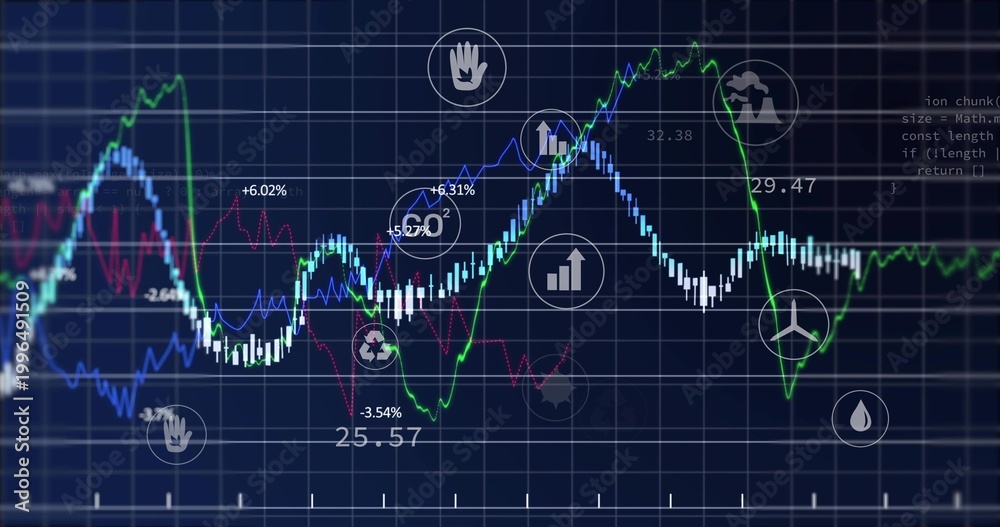 Fototapeta premium Displaying multiline graphs tracing peaks and troughs on dark dashboard showing bars icons labels