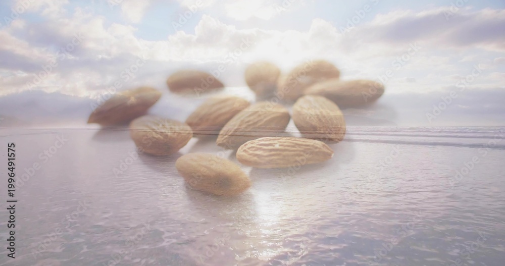 Naklejka premium Floating cluster of whole almonds hovering above calm coastal sea at sunrise, reflecting on ripples