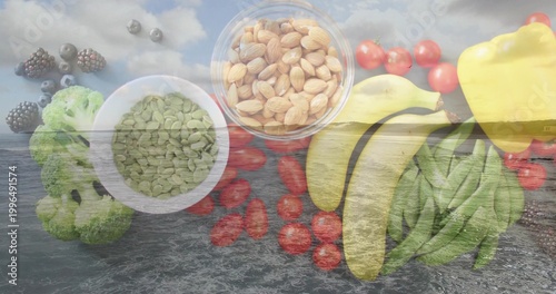 Overlaying double exposure produce over ocean horizon, showing broccoli, pepitas, berries