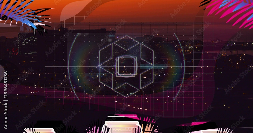 Fototapeta premium Glowing central geometric hologram projecting neon grid across rooftop at dusk, with palm fronds