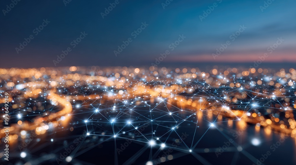 Naklejka premium Abstract network connections over a blurred cityscape at dusk showcasing digital technology and urban development