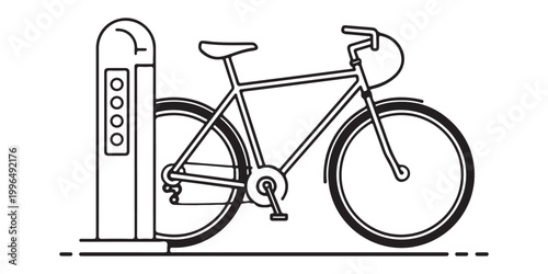 Minimal line art bicycle sharing system eco transport vector illustration on white background.