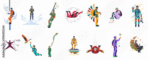 Bild auf Leinwand Collection of flat vector illustrations depicting skydivers and parachutists in various dynamic poses, surreal environments, and extreme sports scenarios