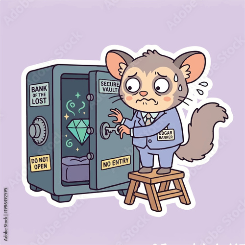 Cartoon possum in suit struggles to open bank vault with diamond inside.