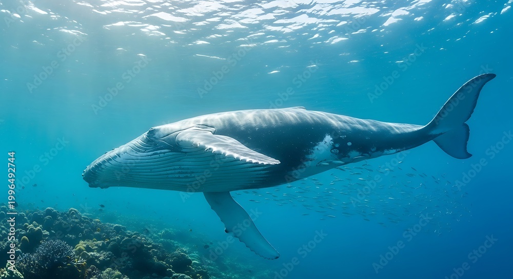 Naklejka premium Large whale swimming underwater ocean deep.