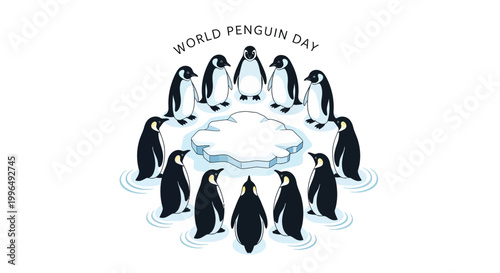 A World Penguin Day illustration showcases a delightful penguin colony illustration in a circular composition around an ice floe, conveying an animal wildlife conservation message