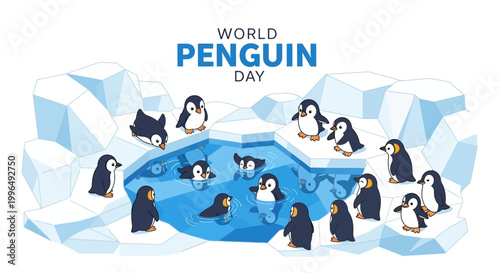 A vector illustration celebrating World Penguin Day depicts a group of cute cartoon penguins swimming and standing on ice floes in Antarctica, set against a clean white background with icy