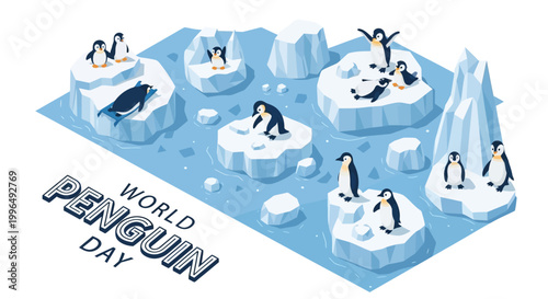 A World Penguin Day illustration showcases a penguin colony on ice formations in Antarctica, rendered in a bright, isometric vector style, with cold climate animals and a wildlife