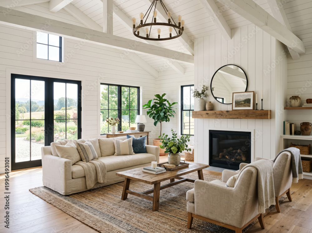 Naklejka premium A white modern farmhouse living room with shiplap walls and beams on the high ceilings and cozy furniture sits around a white fireplace.