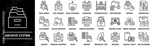 Archive System outline icon collection set. Containing design storage, archive, system, information, document, file